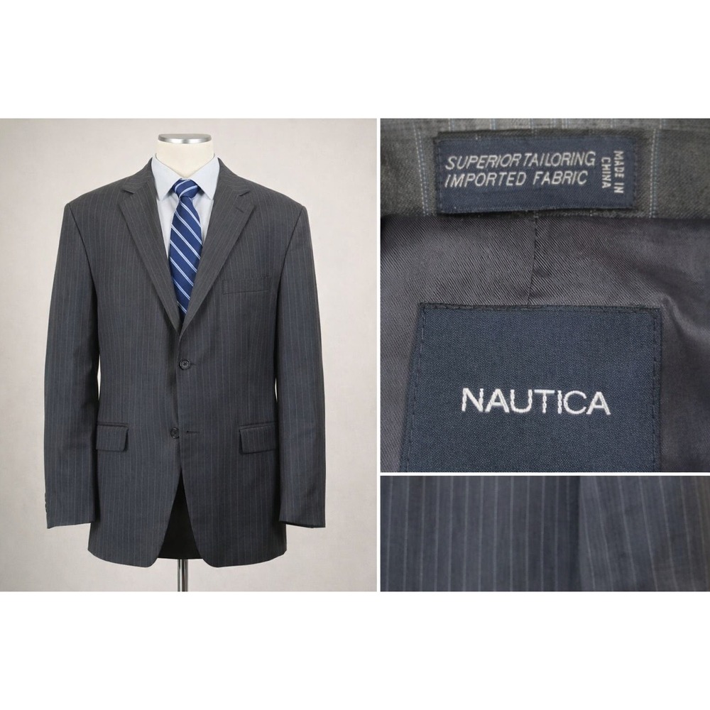 Nautica Men‎ Blazer 46R Navy Pinstripe Wool Sport Coat 3 Button Dressy Tailored